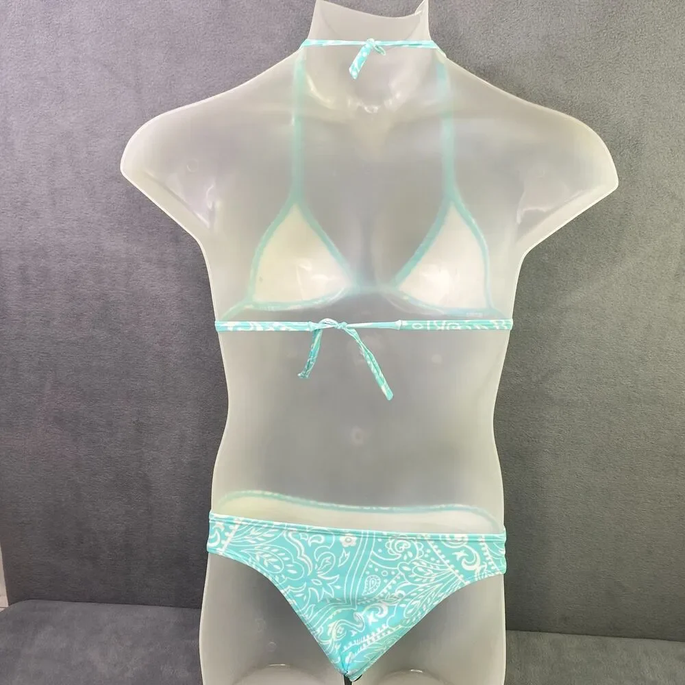 Agua Doce Bikini Brazilian Women L  Aqua Blue White Flower Cheeky Bottom 2-pc